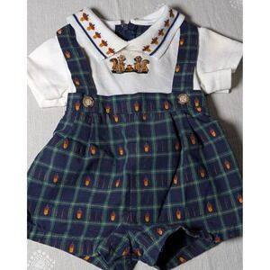 Vintage Baby Outfit 0-3 Months Squirrel Embroidered Plaid Romper Set Made USA